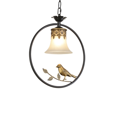 1-Head Flared Pendulum Light Rustic Black Frosted Glass Pendant Lighting with Metal Ring and Bird Deco