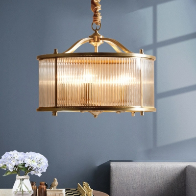 5-Light Drum Pendant Chandelier Traditional Gold Clear Ribbed Glass Hanging Lamp for Dining Room