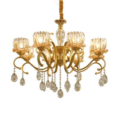 Amber Crystal Glass Lotus Chandelier Traditional Style Living Room Ceiling Light with Scroll Arm in Gold