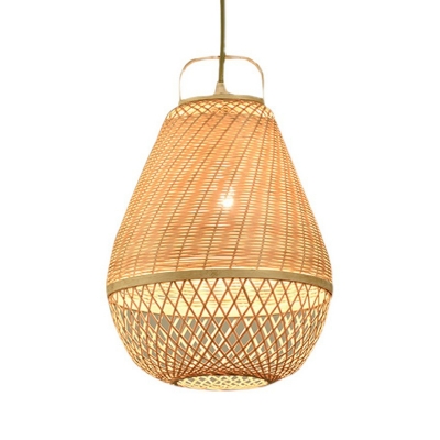 Bamboo Droplet Shaped Pendulum Light Asian 1 Bulb Wood Hanging Light for Restaurant
