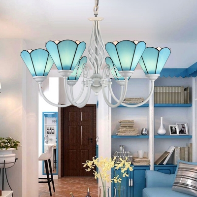 Blue Glass Scalloped Chandelier Light Mediterranean White Suspension Lamp for Living Room