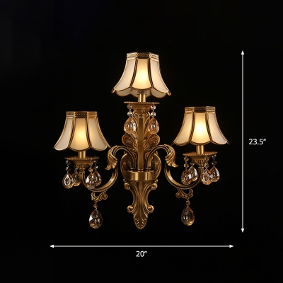 Brass 3-Light Wall Lamp Vintage Frosted Glass Flared Sconce Lighting with Scalloped Edge and Crystal Drops