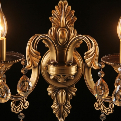 Bronze Finish Candle Wall Lamp Fixture Traditional Metal 2-Light Dining Room Sconce with Crystal Drip