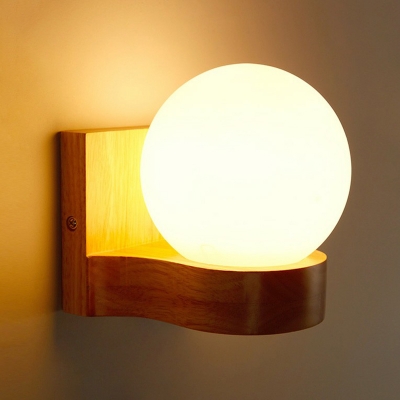 Cream Glass Ball Wall Lamp Simplicity 1 Head Wood Sconce Light Fixture for Corridor