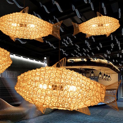 Fish Shaped Restaurant Pendant Lighting Fixture Bamboo Rustic Ceiling Chandelier