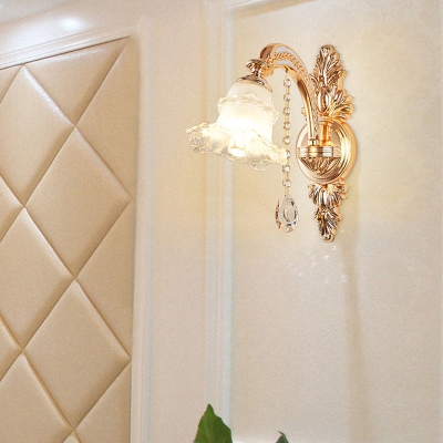 Frosted White Glass Wall Sconce Vintage Gold Finish Blossom Corridor Wall Mounted Lamp