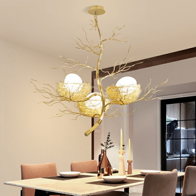 Hand-Woven Nest Chandelier Nordic Aluminum 3-Light Beige Hanging Lamp with Oval Opal Glass Shade