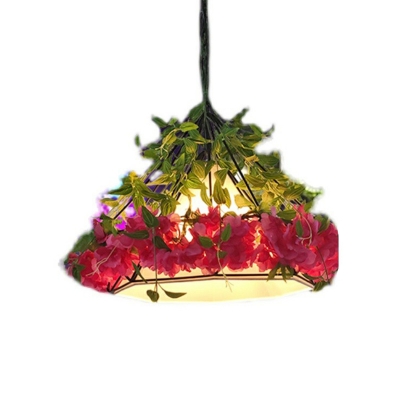 Loft Style Cage Pendulum Light 1-Head Metal Pendant Lamp with Imitation Plant for Bar