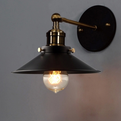 Metal Saucer Rotatable Wall Light Industrial 1 Head Living Room Sconce in Black-Brass