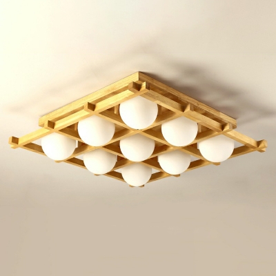 Modern Checkered Flush Ceiling Light Wooden Living Room Flush Mounted Fixture with Ball Milk Glass Shade