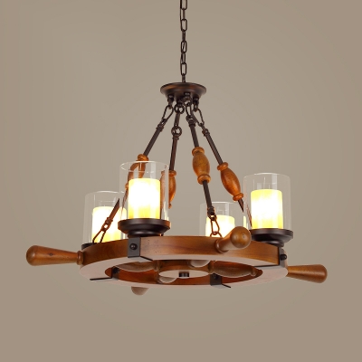 Nautical Sailing Rudder Chandelier Wooden Hanging Light Fixture with Cylinder Glass Shade