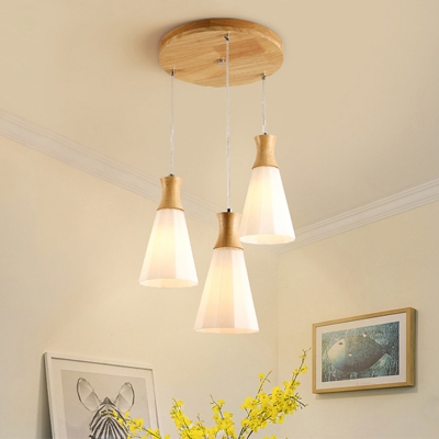 Nordic 3-Light Cluster Pendant Wood Hexagonal Pyramid Hanging Light with Frosted Glass Shade