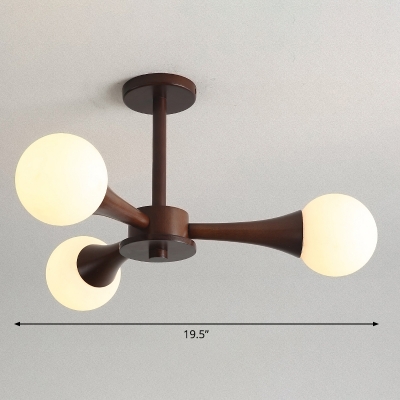 Radial Wooden Ceiling Light Fixture Minimalist Chandelier Lamp with Ball Opal Glass Shade