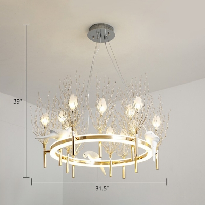 Rose Bouquet Glass Chandelier Minimalistic 13-Light Hanging Lamp with Gold Ring and Bird Deco