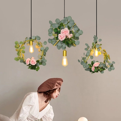 Single-Bulb Geometric Suspension Lighting Nordic Gold Metal Pendant with Rose and Leaf Decor