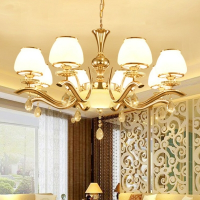 Tapered Shade Up Chandelier Vintage Gold Opaline Glass Pendant Ceiling Light for Living Room