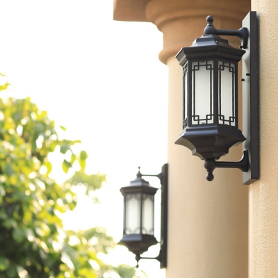 Traditional Hexagonal Wall Lighting 1 Head Frosted Glass Lantern Sconce in Black for Garden