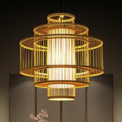 Wood Multi-Cylinder Suspension Light Contemporary 1-Light Bamboo Pendant Light for Restaurant