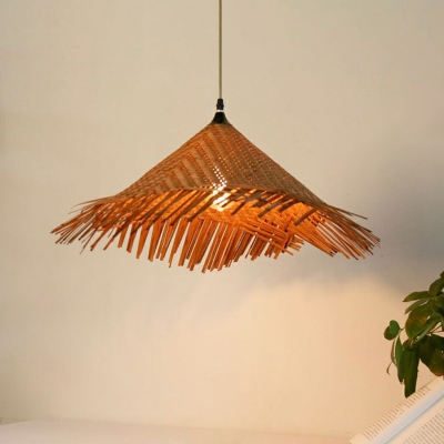 Wood Straw Hat Shaped Pendant Lamp South-East Asia 1-Bulb Bamboo Suspension Light Fixture