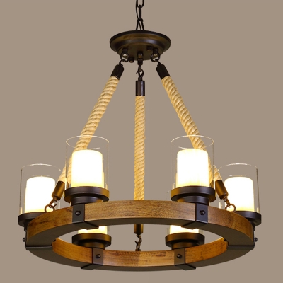 Wooden Circular Chandelier Pendant Nautical Living Room Hanging Light with Cylindrical Clear Glass Shade