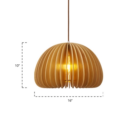 Wooden Dome Pendant Lamp Minimalist 1 Head Beige Suspension Light for Restaurant