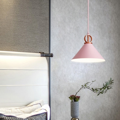 1-Light Bedroom Pendulum Light Macaron Hanging Pendant with Cone Metal Shade and Ring Deco