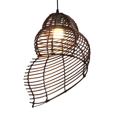 Asian 1-Light Hanging Lamp River Snail Shell Shaped Ceiling Pendant with Bamboo Cage Shade