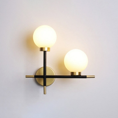 Ball Corridor Wall Sconce Lighting Ivory Glass 2-Head Minimalist Wall Lamp in Black-Brass