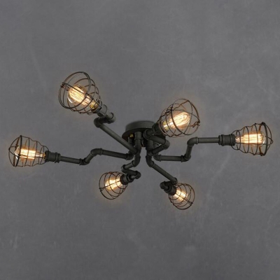 Black Semi Flush Light Warehouse Iron Piping Ceiling Light with Cage Shade for Corridor