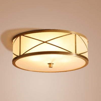 Brass Drum Shaped Ceiling Lamp Antique Style Ivory Glass Bedroom Flush Light Fixture