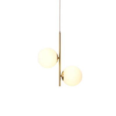 Globe Pendant Ceiling Light Simple Style White Glass 2-Light Gold Chandelier for Bedroom