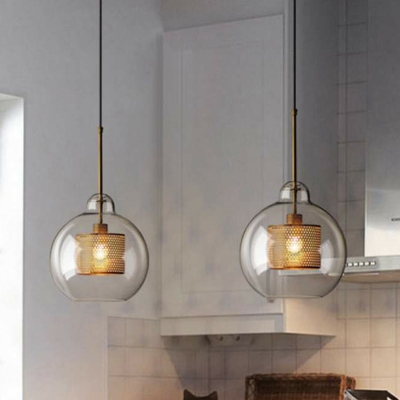 Gold Mesh Pendant Lamp Minimalist Single Metal Hanging Light with Clear Glass Shade
