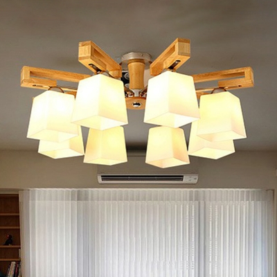 Ivory Glass Trapezoid Semi Flush Mount Modern Wood Ceiling Light Fixture for Living Room