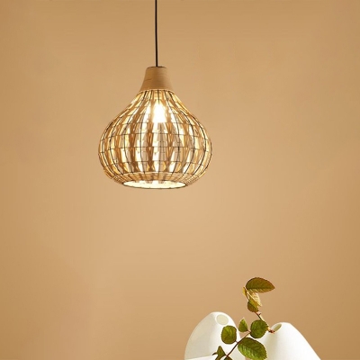 Minimalist Onion Shaped Suspension Lamp Rattan 1-Light Restaurant Ceiling Light in Beige