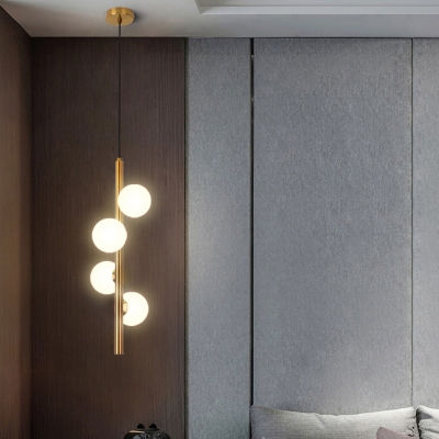 Minimalist Vertical Chandelier Metal Bedroom Hanging Light with Ball Milk Glass Shade