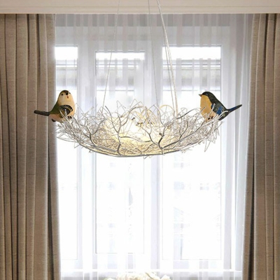 Nest Dining Room Chandelier Aluminum 8 Heads Art Deco Pendant Light with Egg Milk Glass Shade