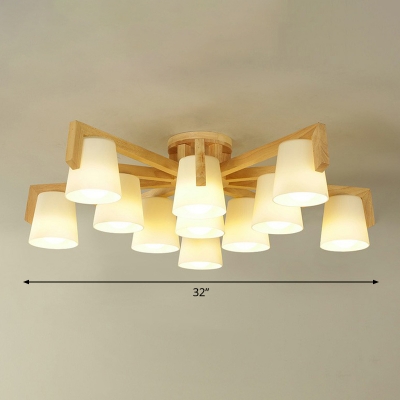 Opal Glass Tapered Ceiling Lamp Minimalistic Wood Semi Mount Lighting for Living Room