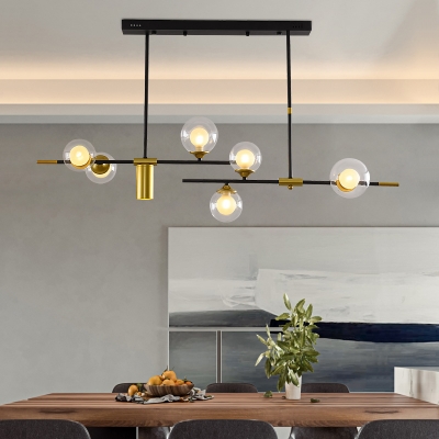 Postmodern 7-Light Pendant Lamp Gold-Black Parallel Island Light with Ball Dual Glass Shade