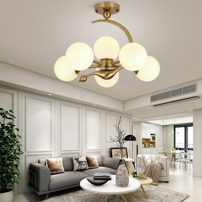 Postmodern Ball Ceiling Flush Light Cream Glass Living Room Semi-Flush Mount in Gold