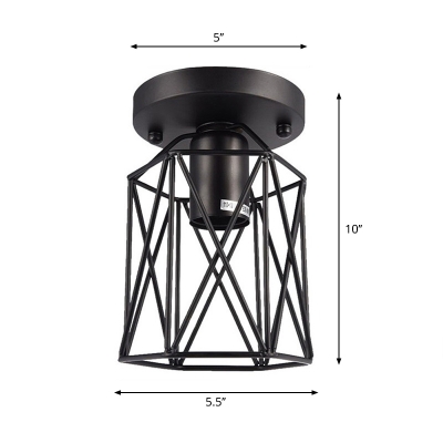 Single Iron Semi Flush Ceiling Light Loft Black Hexagonal Prism Cage Balcony Flush Light