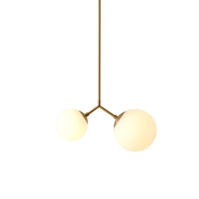 Spherical Bedside Chandelier Pendant Cream Glass 2-Head Minimalist Ceiling Light in Gold