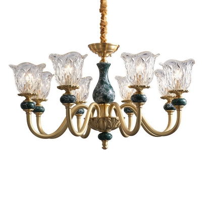Traditional Flower Chandelier Clear Carved Glass Pendant Light with Brass Curved Arm and Ceramic Accents