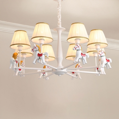 White Empire Shade Chandelier Kids Pleated Fabric Hanging Light with Resin Horse Deco