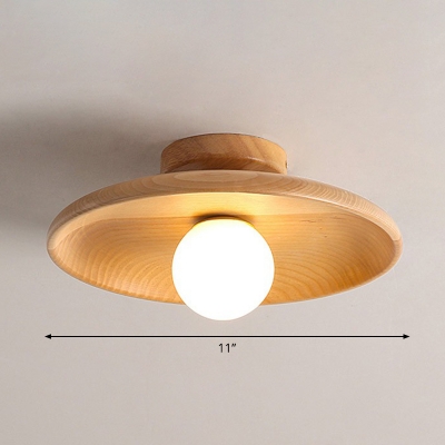 Wooden Saucer Shaped Flushmount Light Simplicity 1 Bulb Semi-Flush Ceiling Light for Corridor