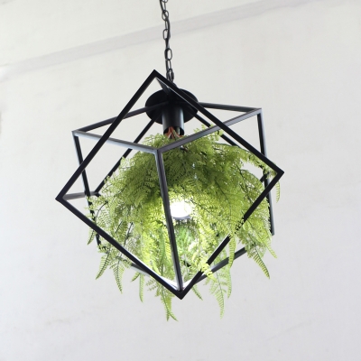 1 Head Geometric Pendant Lamp Farmhouse Iron Suspension Light with Plant Decoration