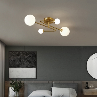 Brass Finish Modo Semi Flush Chandelier Postmodern Style Opal Glass Ceiling Mount Light for Living Room