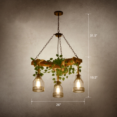 Cage Metal Chandelier Lighting Country Restaurant Suspension Light with Decorative Vine in Wood