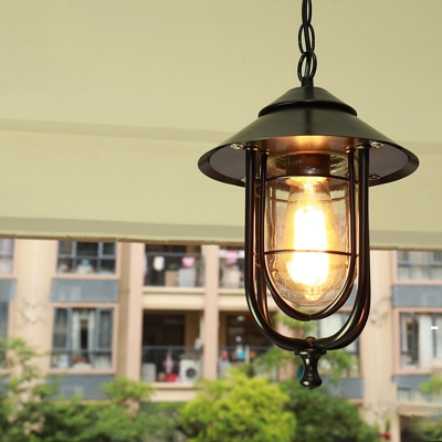 Capsule Outdoor Pendant Lighting Rustic Clear Glass 1 Head Black Hanging Lamp with Cage