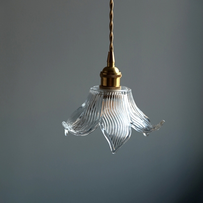 Clear Rib Glass Flower Pendulum Light Minimalist 1 Head Dining Room Pendant Light in Brass