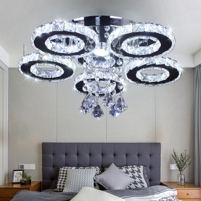 Crystal Rings LED Semi Flush Light Contemporary White Ceiling Mount Light for Bedroom